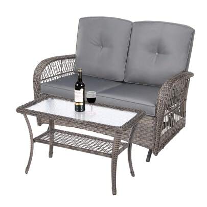 MEETWARM Outdoor Wicker Patio Glider Set, Loveseat For 2 Person Porch Furniture Glider With Glass-Top Coffee Table, Patio Glider Rocking Bench With Thickened Cushions