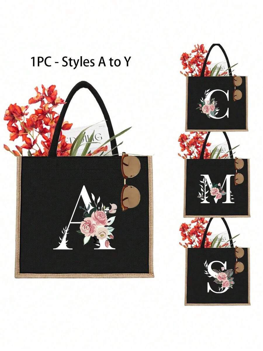 1入字母印花黑色手提包,黃色亞麻邊緣設計簡單大方,情人節禮物,為女性伴娘的個性化婚禮禮品袋,化妝包,旅行簡易收納袋,大容量旅行化妝包:非常適合戶外美容！適合婚禮、生日、沙灘和假期,是女性、母親、教師、朋友和伴娘的絕佳禮物。大包適合學生、返校和教師。它是一個輕便的休閒收納手提包,一個多功能購物袋,一個新設計,大容量,是理想的購物選擇。手提包、午餐袋,適合男女、情侶、日常使用、約會、生日、假期和返校,夏季、度假、海灘、旅行、上下班、商務、學生、野餐、露營、超市、日常收納 - 黑色 - 查看 1