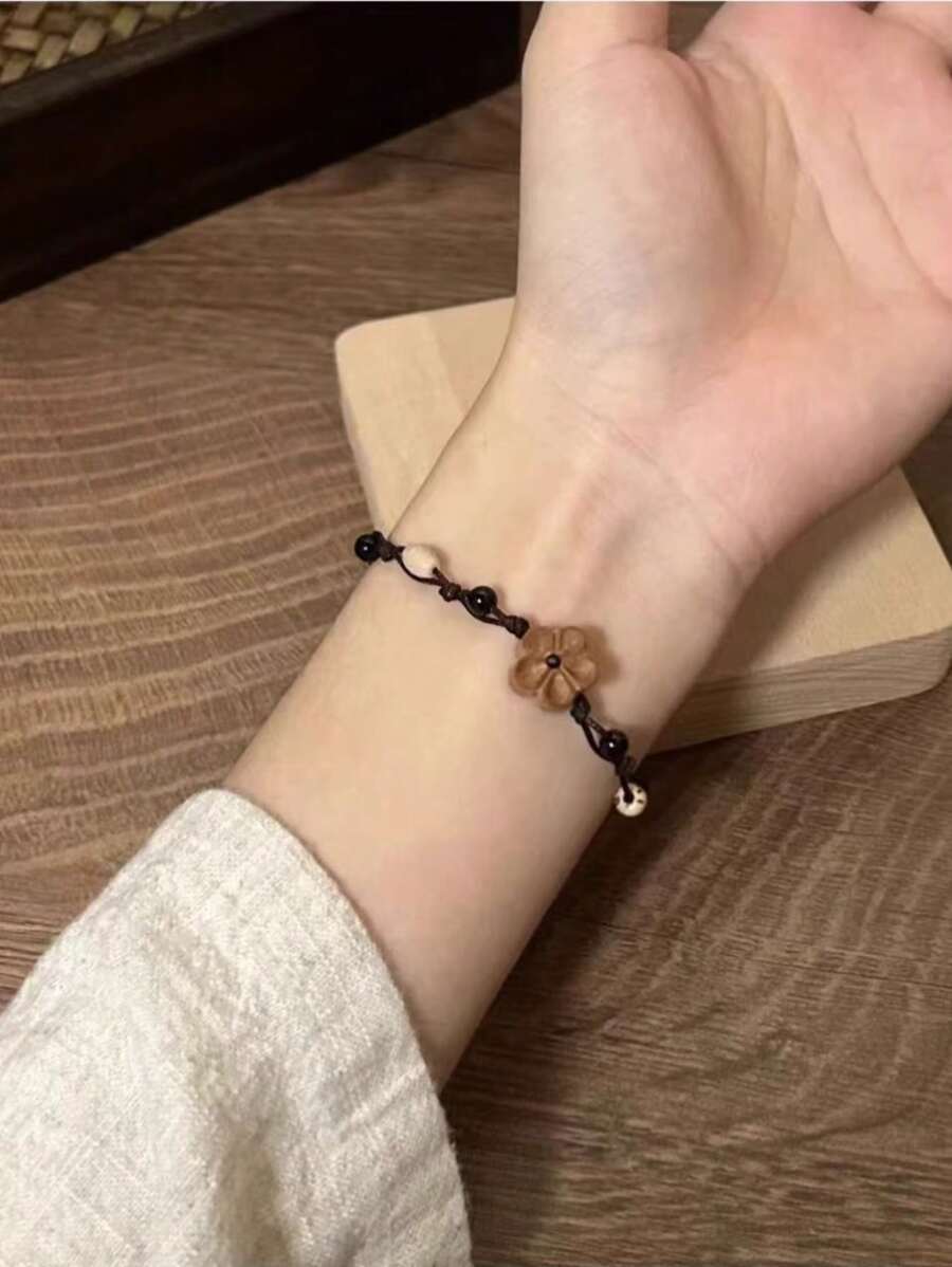 1pc Black New Chinese Style Peach Blossom Elegant Oriental Handmade Adjustable Woven Bracelet, Suitable For Women's Daily Wear