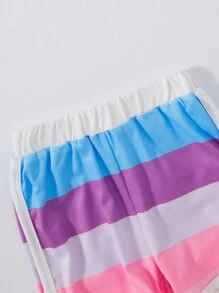 2pcs Baby Girls' Color Block Striped Vest And Shorts Set, Spring/Summer