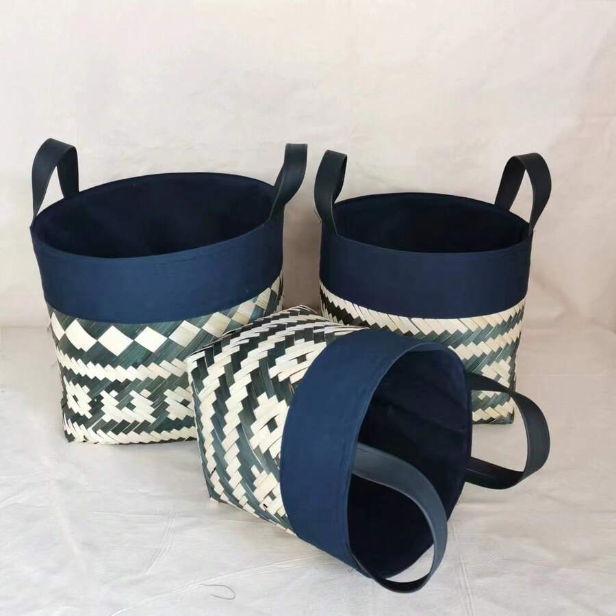 3pcs/Set Handmade Colored Bamboo Woven Storage Baskets With Fabric