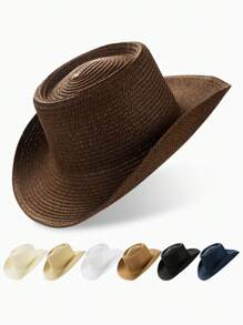 1 件装男士宽边草帽，圆顶卷边帽檐，适合春夏户外旅行搭配牛仔帽 - 彩色 - 查看 1