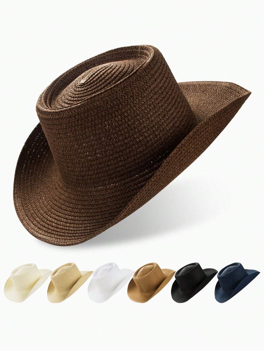 1 件装男士宽边草帽，圆顶卷边帽檐，适合春夏户外旅行搭配牛仔帽 - 彩色 - 查看 1