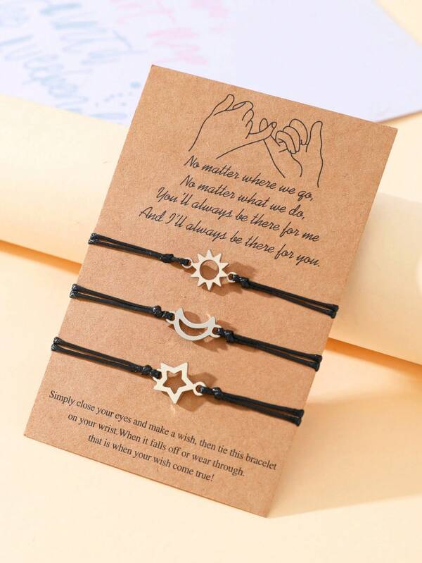 Goodwaro 3 Pulseras Trenzadas Hechas A Mano Creativas Con Decoración De Sol, Luna Y Estrellas, Ideales Para El Uso Diario De Las Mujeres. Empaquetado Con Una Tarjeta Exquisita, Perfecta Para Regalos Relacionados Con El Amor, La Amistad Y La Familia.