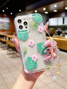 With Phone Charm A Japanese And Korean Fresh And Simple Romantic Flower Leaf Air Bag Air Pressure Creative Anti-Fall Mobile Phone Case Plus Colorful Flower Lanyard Wristband Compatible With IPhone Mobile Phone Girls Mobile Phone Protective Cover - Pink - View 2