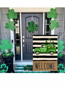 1面聖帕特里克節裝飾掛旗,綠色字母,歡迎帽,小妖精,貓和三葉草設計,適用於室內和室外使用 - 杏色 - 查看 3