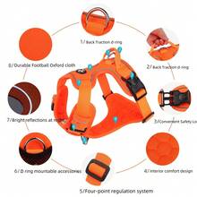 具有按摩設計的反光狗胸背帶,可調節軟質牛津布寵物安全帶,內部網眼布料,易於控制,適合步行,旅行等。附1入直徑1.2cm * 1.5m狗繩,鈴鐺和發光吊飾,適用於小型,中型和大型狗狗 - 橘色 - 查看 3