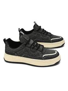 Frühlings-/herbstschüler Outdoor-runder-spitze-injektionslaufschuhe Mit Niedrigem Schnitt, Schwarzem Denim Patchwork, Atmungsaktiv Und Bequem, Sneakers Mit Dickem Riemen-design Für Die Herren Freizeitkleidung