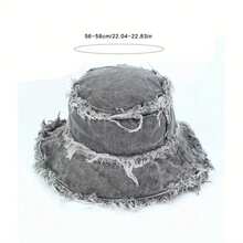 1pc Unisex Distressed Denim Washed Bucket Hat With Frayed Edge, Casual Wide Brim Solid Color Bucket Hat For Streetwear, Sun Protection, Cycling And Bohemian Style