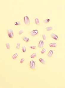 24入組簡約法式短方形指甲，粉白漸變水晶指甲，壓克力假指甲美甲套裝，包括1張膠貼片和1支小修甲片，適合日常佩戴 - 彩色 - 查看 3
