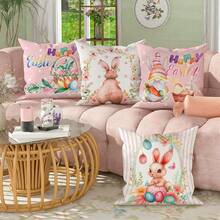 4入組復活節彩蛋小人兔花卉粉色抱枕套,可愛復活節抱枕套,天鵝絨裝飾抱枕套45*45cm/18"*18",適合復活節派對客廳臥室沙發床裝飾禮物 - 粉色 - 查看 8