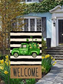 1面聖帕特里克節裝飾掛旗,綠色字母,歡迎帽,小妖精,貓和三葉草設計,適用於室內和室外使用 - 杏色 - 查看 2