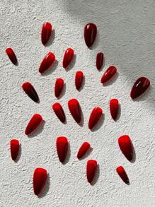 24片装长杏仁形亮红色按压式假指甲套装，时尚女士及女孩日常美甲用品 - 彩色 - 查看 3