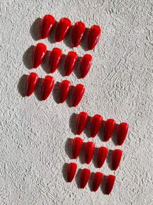 24片装长杏仁形亮红色按压式假指甲套装，时尚女士及女孩日常美甲用品 - 彩色 - 查看 2