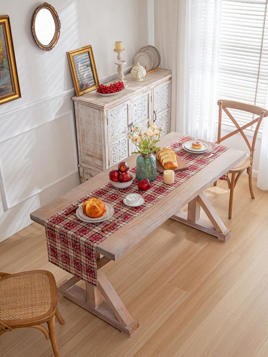 1入組紅色格子聖誕桌旗,帶有雪花圖案,適用於室內 - 紅色 - 查看 1