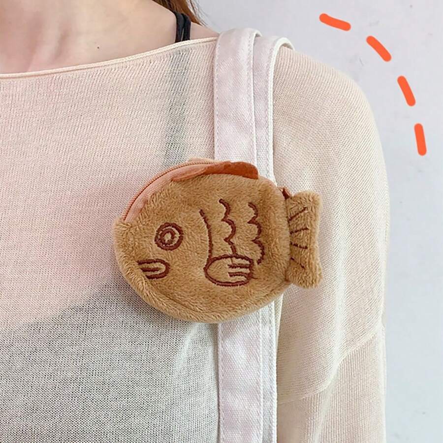 1 件女士迷你便携式毛绒收纳袋，带有可爱的鱼图案和拉链封口，轻巧的腕包，情侣礼物，个性化和有趣的龙虾扣零钱包钥匙扣，有趣的装饰礼物，适合送给母亲、女性、姐妹、最好的朋友 - 棕色 - 查看 1