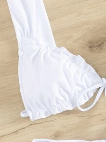 Nuovo costume da bagno sexy in colore unito per donne, con sistema a scomparti separati, design con lacci e bordi increspati, abbigliamento da spiaggia estivo