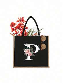 1入字母印花黑色手提包,黃色亞麻邊緣設計簡單大方,情人節禮物,為女性伴娘的個性化婚禮禮品袋,化妝包,旅行簡易收納袋,大容量旅行化妝包:非常適合戶外美容！適合婚禮、生日、沙灘和假期,是女性、母親、教師、朋友和伴娘的絕佳禮物。大包適合學生、返校和教師。它是一個輕便的休閒收納手提包,一個多功能購物袋,一個新設計,大容量,是理想的購物選擇。手提包、午餐袋,適合男女、情侶、日常使用、約會、生日、假期和返校,夏季、度假、海灘、旅行、上下班、商務、學生、野餐、露營、超市、日常收納 - 黑色 - 查看 16