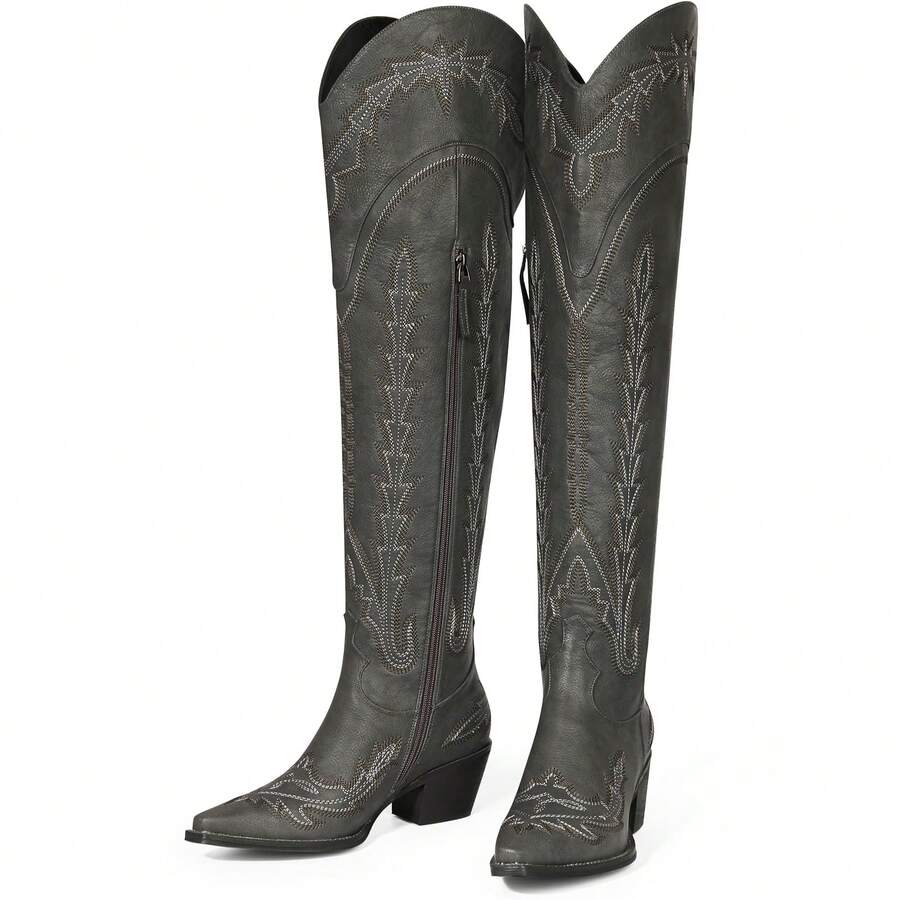 Women's Over-The-Knee Cowboy Boots-Western Thigh High Boots-Knee High Cowgirl Wide Calf Boots With Slide Zipper - màu đen - Xem 1