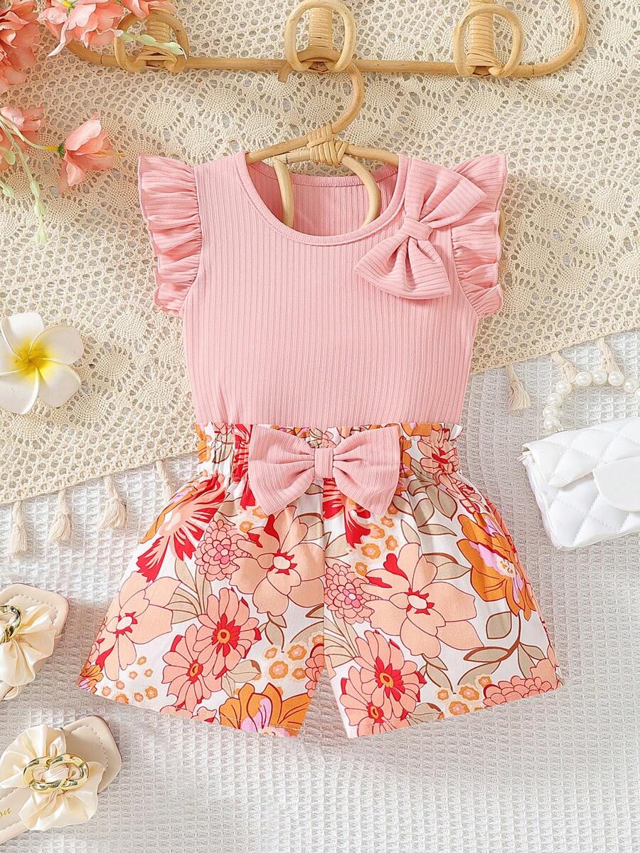 Baby Girl Casual Butterfly Sleeve Top With Bow And Flower Printed Shorts Set, Suitable For Holiday Summer - Multicolor - View 1