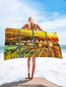 1入組油畫世界地圖圖案透氣大沙灘巾,柔軟輕盈快乾浴巾,超吸水毛巾 - 彩色 - 查看 1