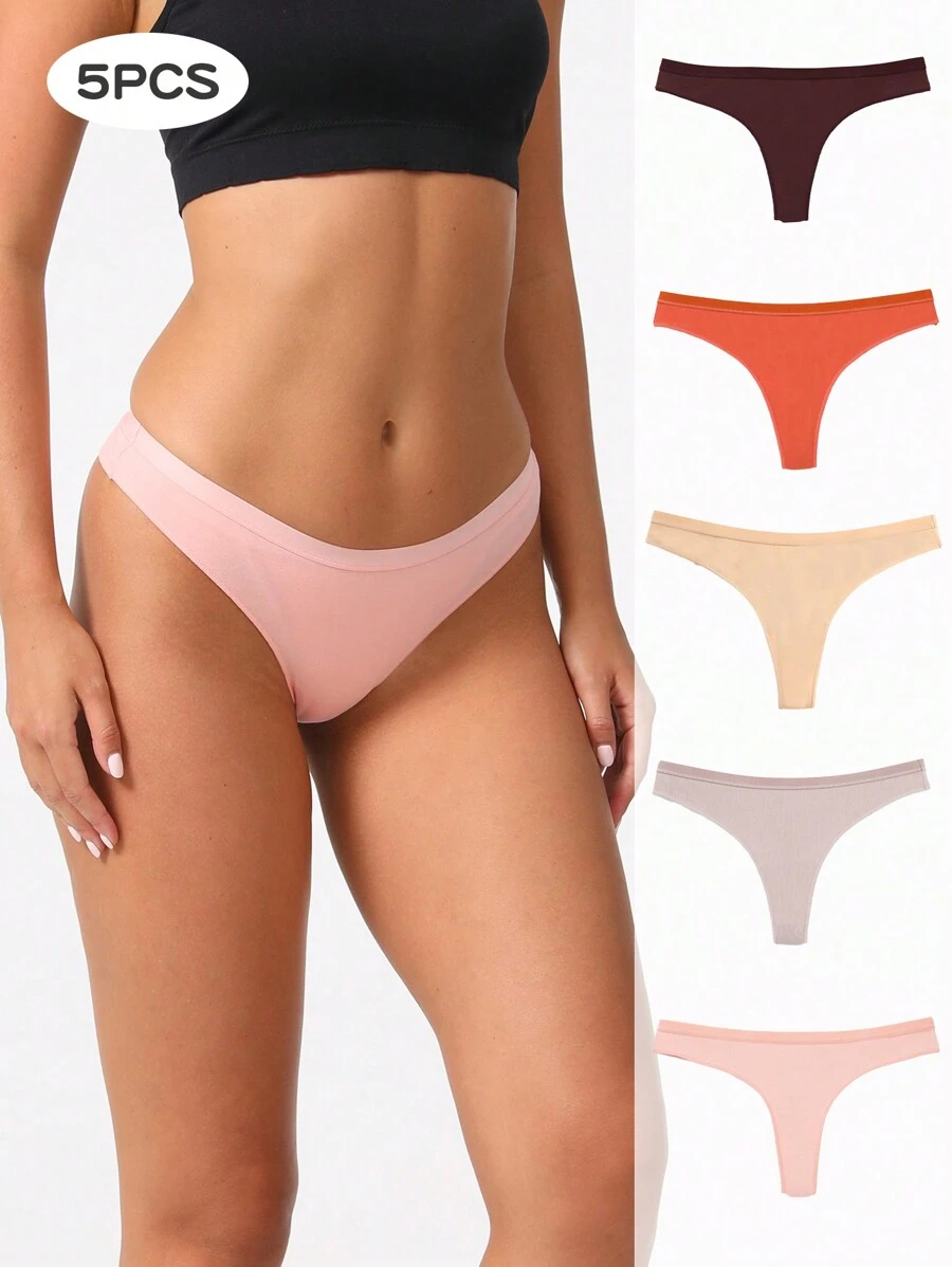5 Piezas/set De Tangas Sexis De Color Sólido Para Mujeres - Multicolor - Ver 1
