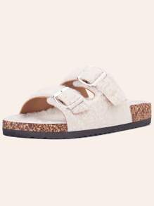 Women's Open Toe Slippers Fuzzy Cork Slide Sandals Fluffy Slides With Arch Support House Sandals - 白色 - 查看 7