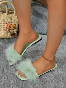 女士平底羽毛凉鞋，舒适新娘女仆便鞋，时尚多色蓬松平底拖鞋，白色/黑色毛皮拖鞋 - 綠色 - 查看 6