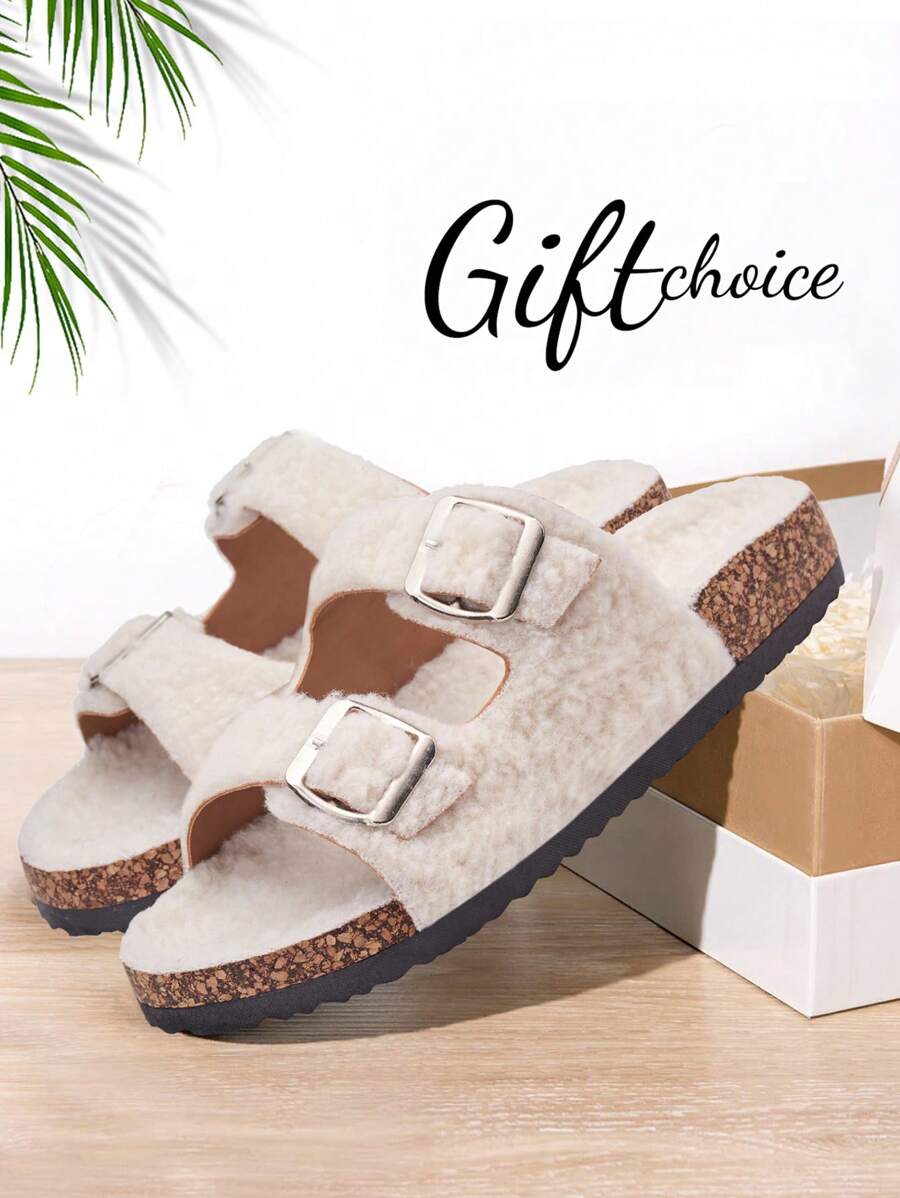 Women's Open Toe Slippers Fuzzy Cork Slide Sandals Fluffy Slides With Arch Support House Sandals - 白色 - 查看 1