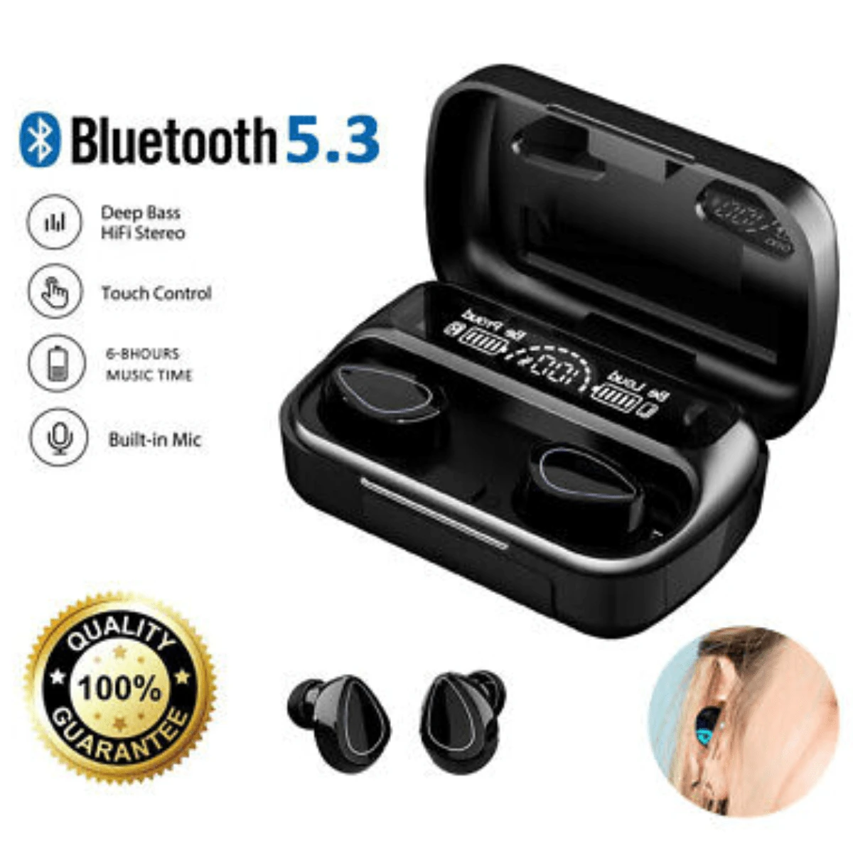M10 Fone Bluetooth 5.1 Fone De Ouvido Sem Fio Esportes Display LED Fone Bluetooth TWS Toque Redução De Ruído À Prova D'água - Preto - Visão 1