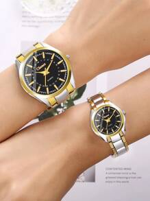 2pcs Fashionable Couple'S Round Alloy Dial Watch Set (For Men & Women) As A Gift For Students Returning To School
