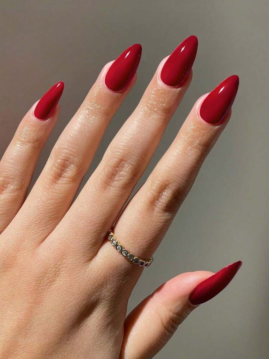 24片装长杏仁形亮红色按压式假指甲套装，时尚女士及女孩日常美甲用品 - 彩色 - 查看 1