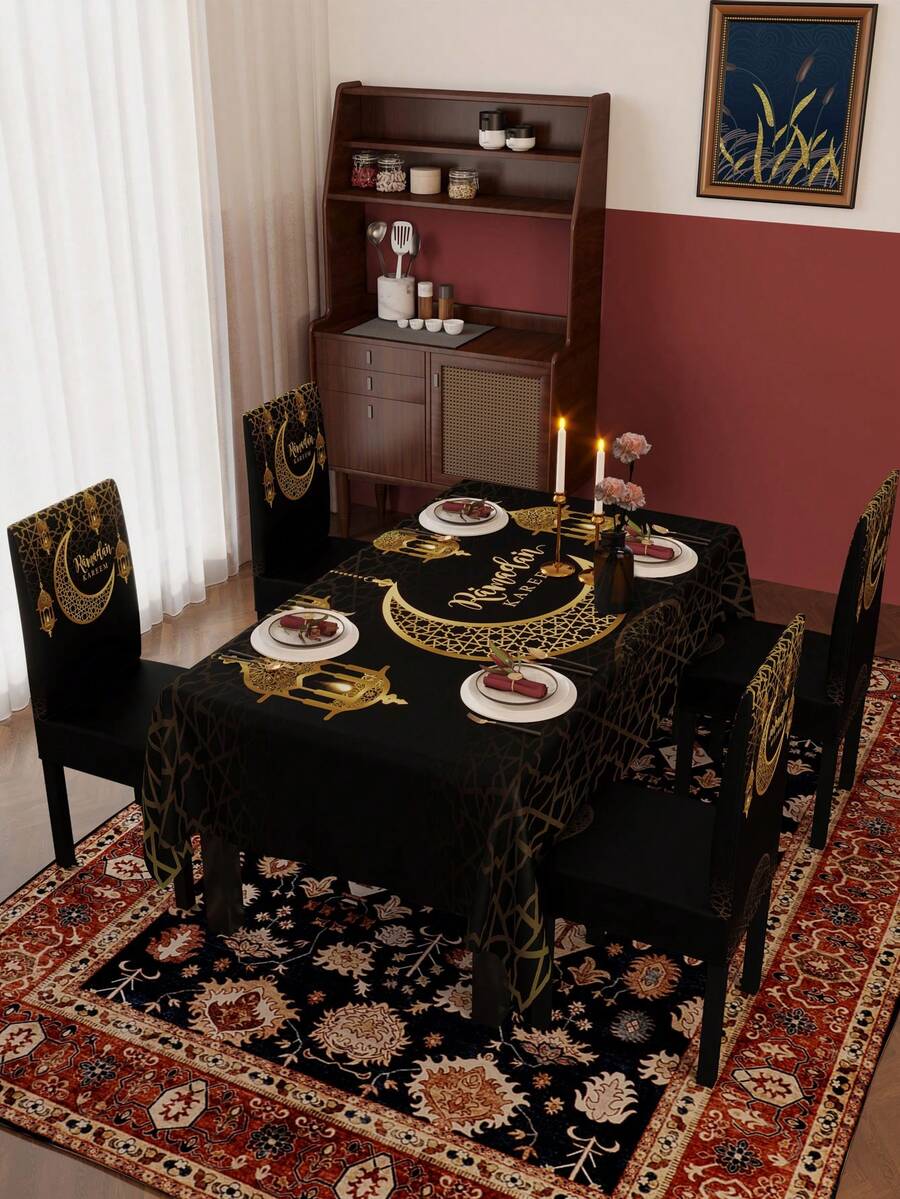 1入組節日主題廚房裝飾客廳桌布和椅套套裝（1桌巾,4椅套）,桌巾尺寸可選擇,椅套尺寸固定