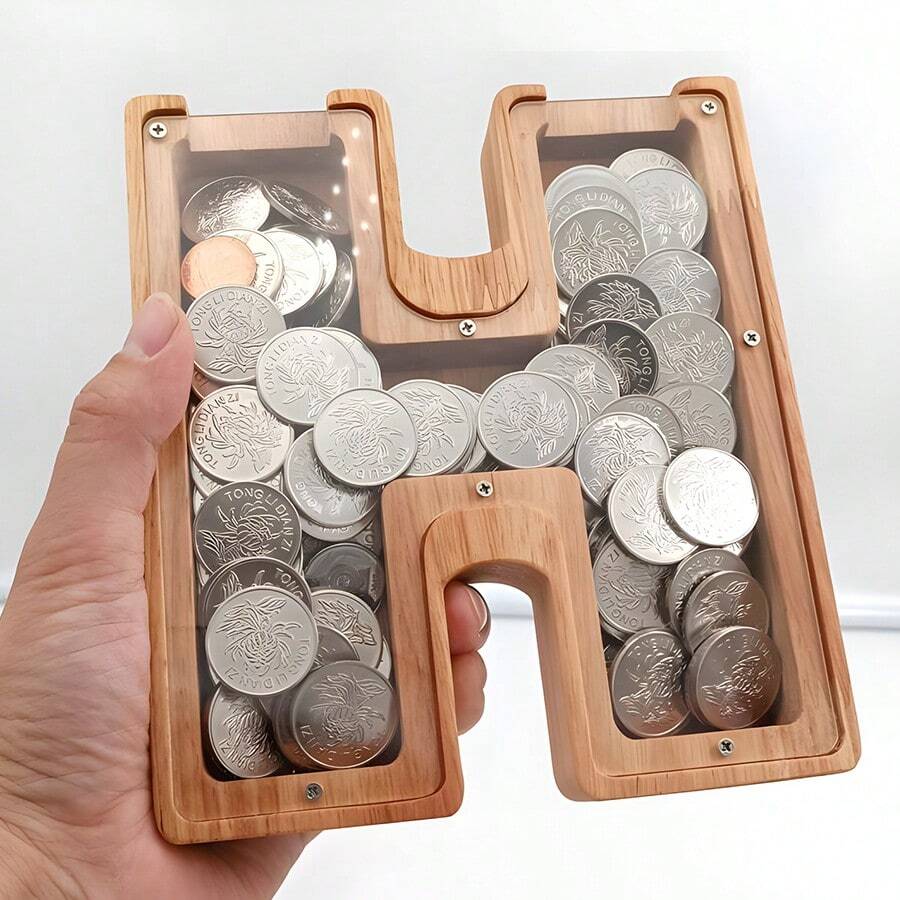 1pc Wooden English Letter Shaped Money Box, Storage Container - Letter H - View 1