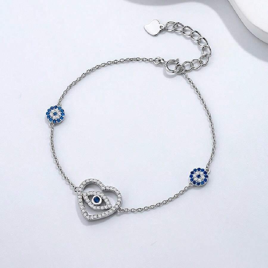 土耳其藍色眼睛魔鬼之眼手鐲,藍色邪惡之眼心形手鐲配鑽石,女性手鐲