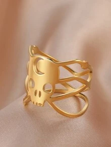 1個不鏽鋼中空新月形、心形、骷髏頭戒指,適用於女性,適合庞克派對 - 骷髏頭 - 查看 13