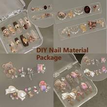 1 盒摩卡棕色可爱卡通假指甲 DIY 材料包，毛绒泰迪熊蝴蝶结，珍珠心猫指甲装饰配件，多色水钻装饰，秋冬复古星星闪亮水钻混合指甲装饰 - 摩卡棕 - 查看 1