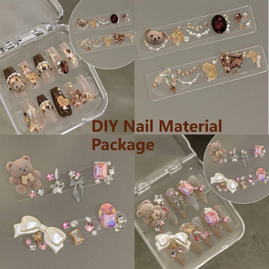 1 盒摩卡棕色可爱卡通假指甲 DIY 材料包，毛绒泰迪熊蝴蝶结，珍珠心猫指甲装饰配件，多色水钻装饰，秋冬复古星星闪亮水钻混合指甲装饰 - 摩卡棕 - 查看 1