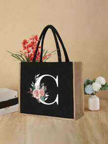 1入字母印花黑色手提包,黃色亞麻邊緣設計簡單大方,情人節禮物,為女性伴娘的個性化婚禮禮品袋,化妝包,旅行簡易收納袋,大容量旅行化妝包:非常適合戶外美容！適合婚禮、生日、沙灘和假期,是女性、母親、教師、朋友和伴娘的絕佳禮物。大包適合學生、返校和教師。它是一個輕便的休閒收納手提包,一個多功能購物袋,一個新設計,大容量,是理想的購物選擇。手提包、午餐袋,適合男女、情侶、日常使用、約會、生日、假期和返校,夏季、度假、海灘、旅行、上下班、商務、學生、野餐、露營、超市、日常收納 - 黑色 - 查看 7