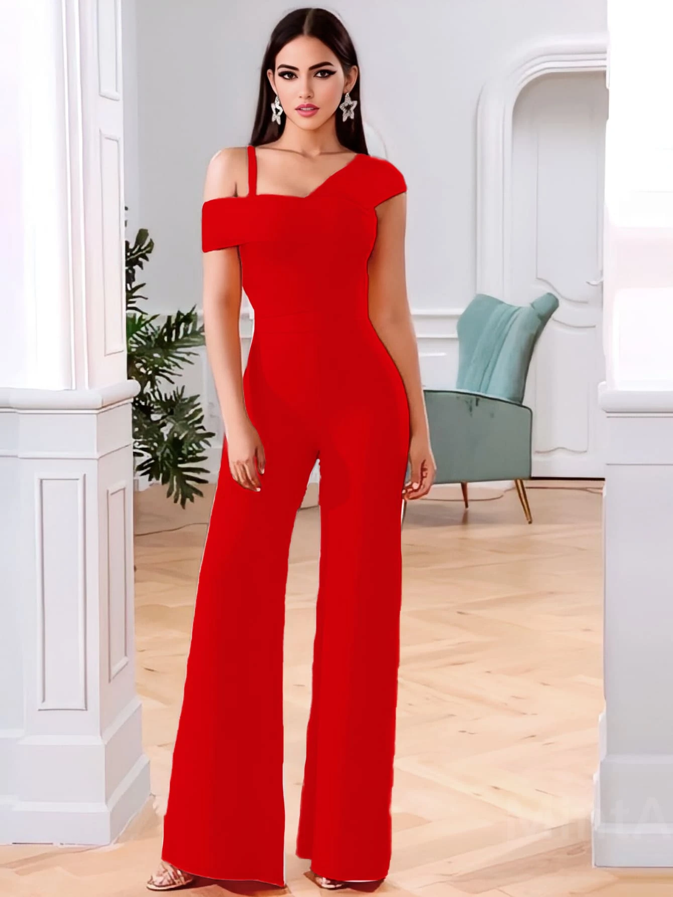 Fashion Fitted Asymmetrical Palazzo - 紅色 - 查看 1