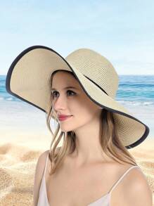 1pc Women Fashion Accessories Rope Decor Wide Brim Summer Beach Straw Hat Boho - Black - View 12