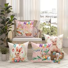 4入組復活節彩蛋小人兔花卉粉色抱枕套,可愛復活節抱枕套,天鵝絨裝飾抱枕套45*45cm/18"*18",適合復活節派對客廳臥室沙發床裝飾禮物 - 粉色 - 查看 4