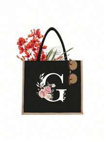 1入字母印花黑色手提包,黃色亞麻邊緣設計簡單大方,情人節禮物,為女性伴娘的個性化婚禮禮品袋,化妝包,旅行簡易收納袋,大容量旅行化妝包:非常適合戶外美容！適合婚禮、生日、沙灘和假期,是女性、母親、教師、朋友和伴娘的絕佳禮物。大包適合學生、返校和教師。它是一個輕便的休閒收納手提包,一個多功能購物袋,一個新設計,大容量,是理想的購物選擇。手提包、午餐袋,適合男女、情侶、日常使用、約會、生日、假期和返校,夏季、度假、海灘、旅行、上下班、商務、學生、野餐、露營、超市、日常收納 - 黑色 - 查看 28