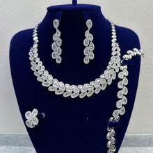 女士新娘首飾套裝,4 件/套,包括項鍊、耳環、戒指和手鍊,飾有閃亮方晶鋯石 - 四件套 - 查看 13