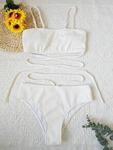 Ensemble Bikini côtelé pour femmes, maillot de bain Bandeau, nouveau Style, taille haute, ensemble deux pièces, plage, été, 2024 - Blanc - Voir 4