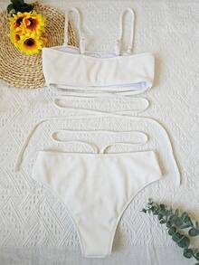 Ensemble Bikini côtelé pour femmes, maillot de bain Bandeau, nouveau Style, taille haute, ensemble deux pièces, plage, été, 2024 - Blanc - Voir 5