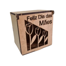 kit 20 unidades Caixa FELIZ DIA DAS MÃES Laser Presente Lembrança - MDF cru 8x8x5,5 - Marrom Claro - Visão 3