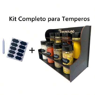 Kit Porta Tempero Mesa + 8 Potes + Etiquetas c/ Caneta Giz - Jogo Completo para Temperos Cozinha Mantimentos