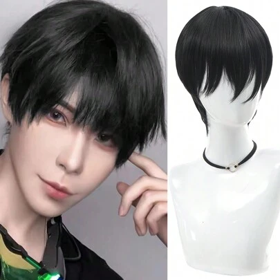 Fashion Men Short Wig Black Synthetic Wigs With Bangs For Male Women Boy Cosplay Costume Anime Halloween