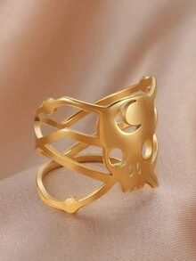 1個不鏽鋼中空新月形、心形、骷髏頭戒指,適用於女性,適合庞克派對 - 骷髏頭 - 查看 5